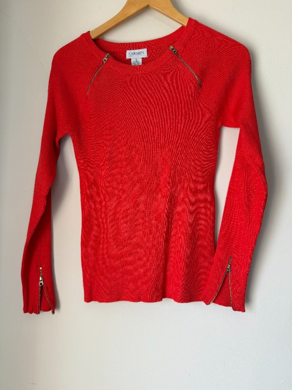 Carmen Orange Women's Cotton Sweater with Zipper Detail Size Medium